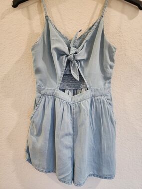 aerie Light Blue Denim Tie-Back Romper for Womens Juniors
